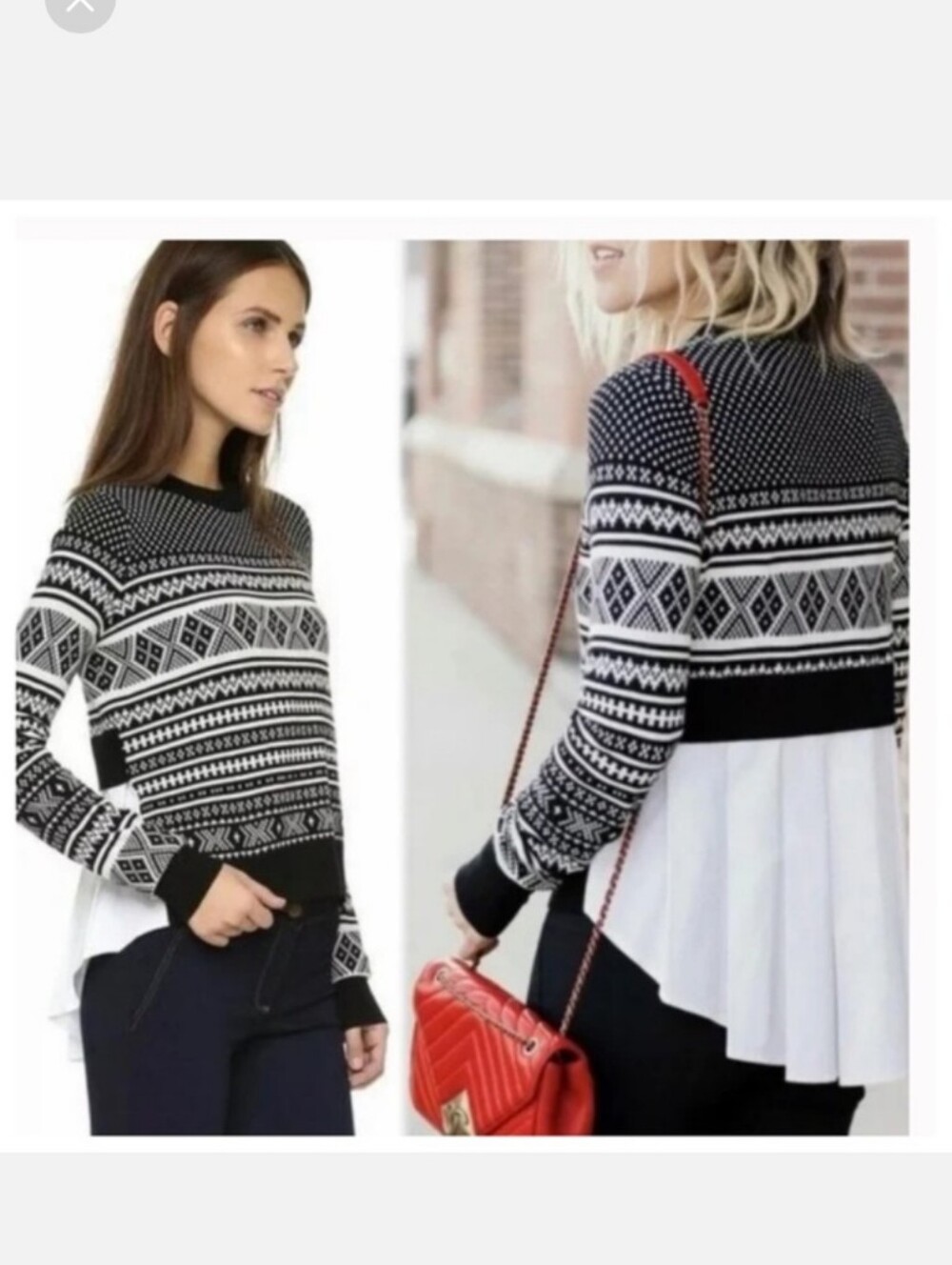 Veronica Beard Alps Mixed Media Sweater Layered Look Fair Isle